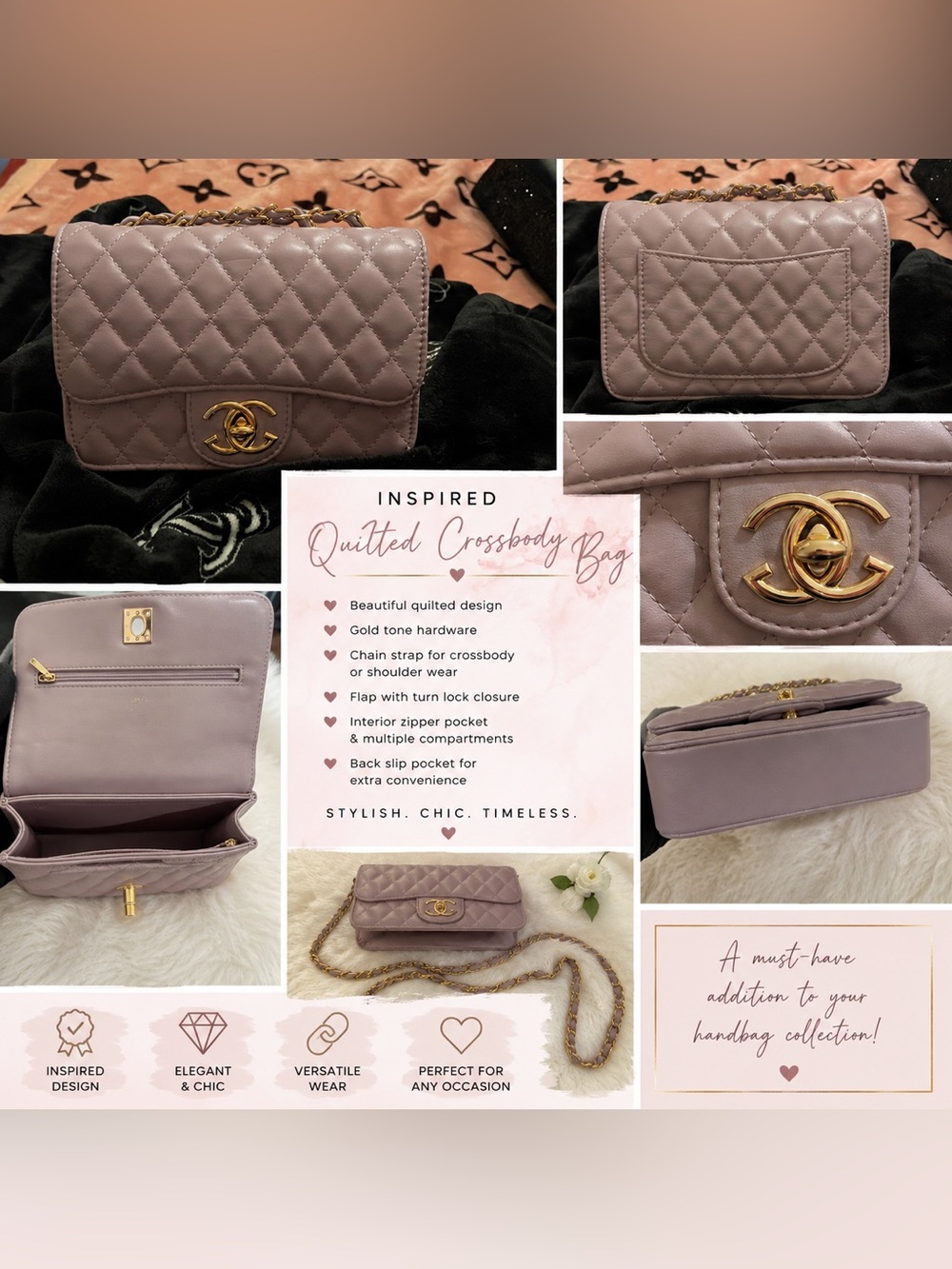 Quilted Crossbody Bag - Mauve with Gold Hardware